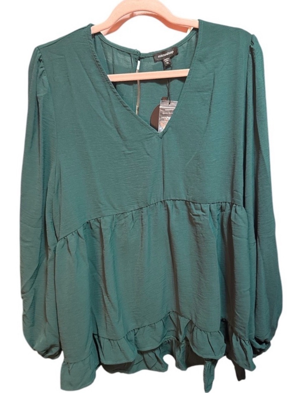 mittoshop Teal Green V-Neck Ruffled Peplum Blouse